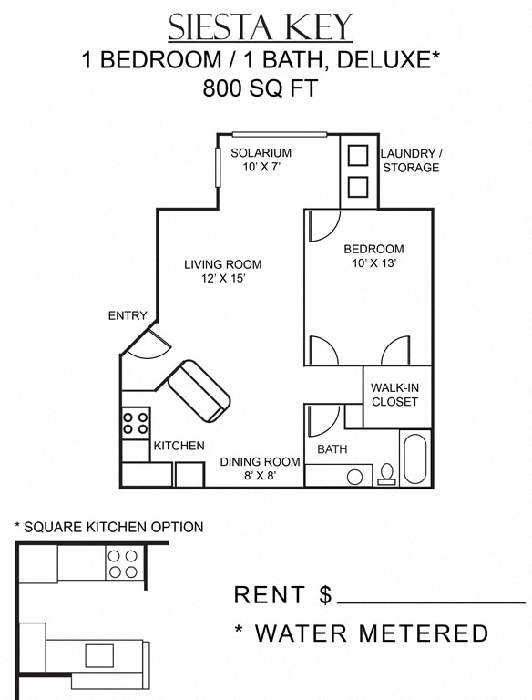 Floor plan for 1 bed, 1 bath, 800 sqft